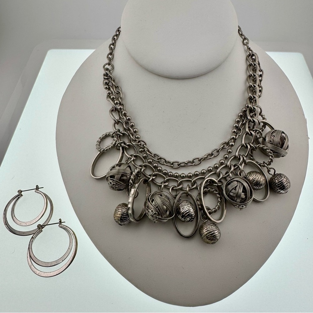 Chico's Silver Tone Balls and Chain Statement Necklace with Earrings